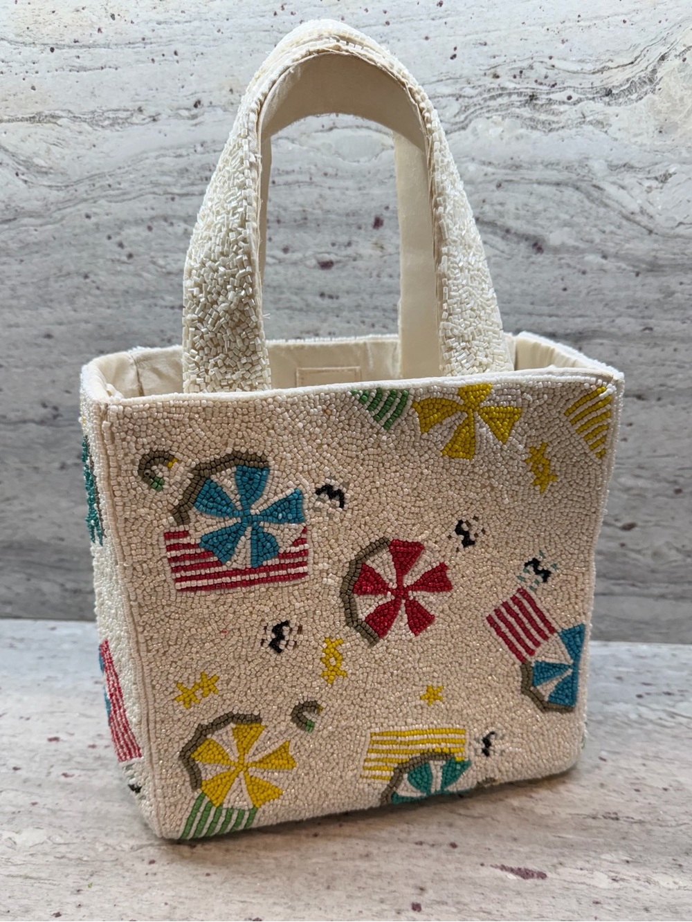 Beaded Cream Tote Bag with Colorful Beach Motifs